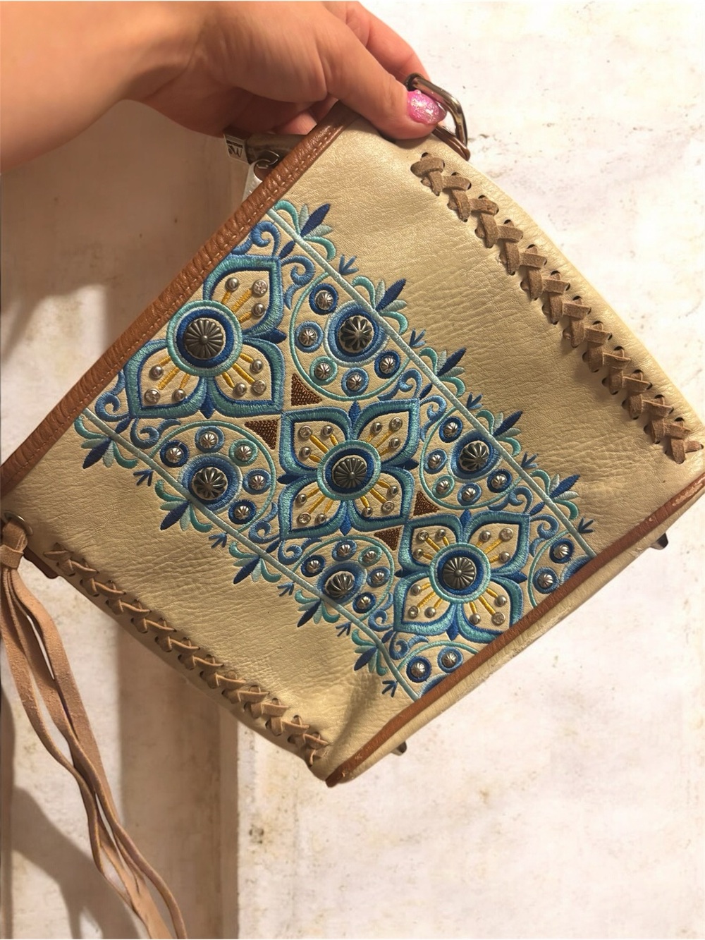 Montana West Beige Crossbody Bag with Turquoise and Brown Embroidery